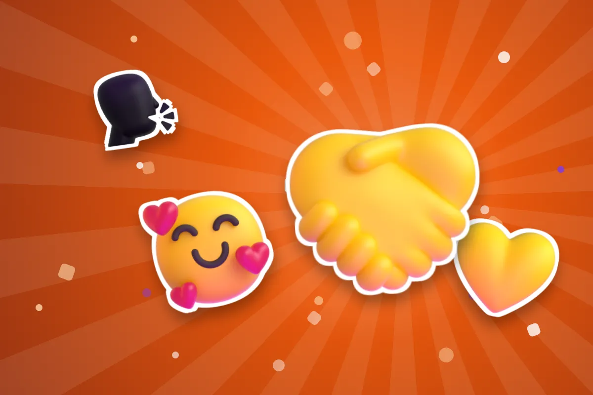 Friendship quiz illustration with a handshake, a smiling face with hearts, a yellow heart and a speaking head